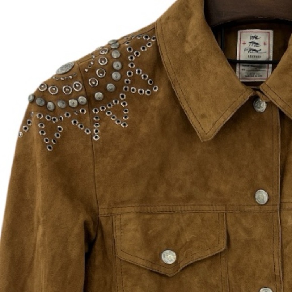 Free People Tan Suede Embellished Jaya Boxy Chore Jacket Brown SZ S - Picture 5 of 12